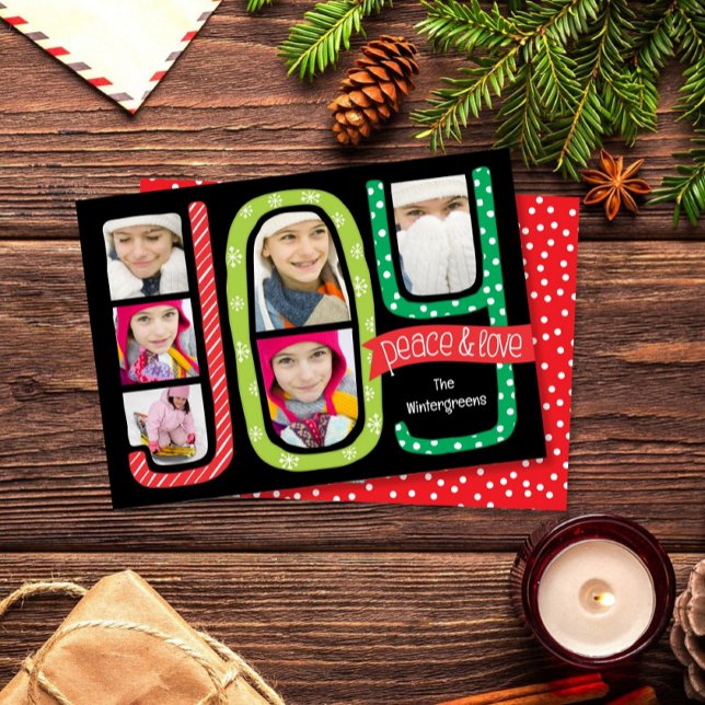 Cartão De Festividades JOY Collage Christmas Photo Card Whimsical (Criador carregado)