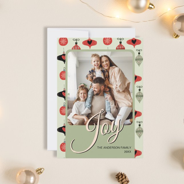 Cartão De Festividades Joy Custom Family Photo Christmas Green (Joy Custom Family Photo Christmas Green Holiday Card)