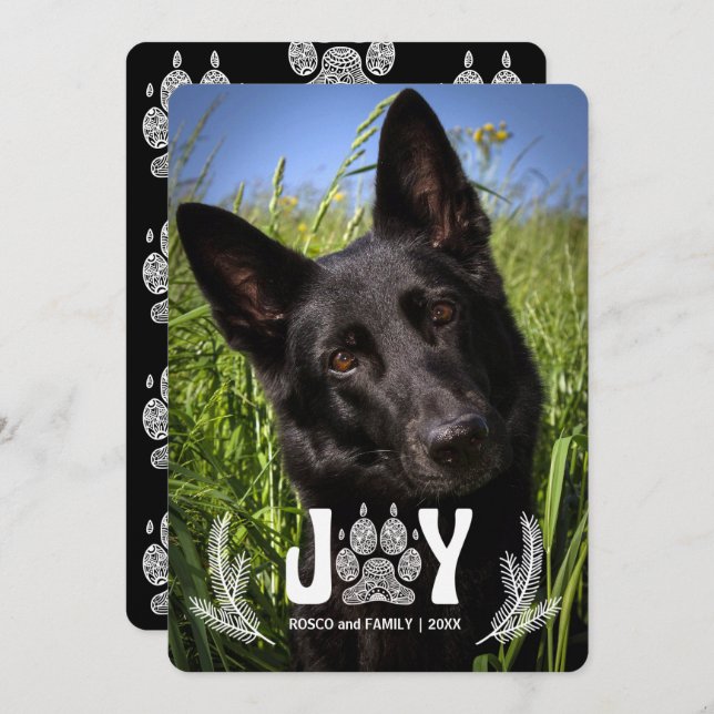 Cartão De Festividades Joy Dog Paw Print and Pines Pet Lover Photo (Frente/Verso)
