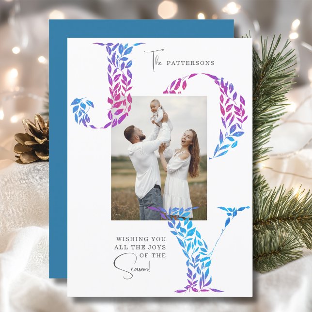Cartão De Festividades Joy Elegant Christmas Floral Typoographic Photo (Criador carregado)