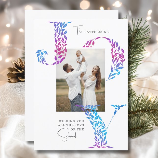 Cartão De Festividades Joy Elegant Christmas Floral Typoographic Photo (Criador carregado)