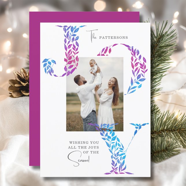 Cartão De Festividades Joy Elegant Christmas Floral Typoographic Photo (Criador carregado)