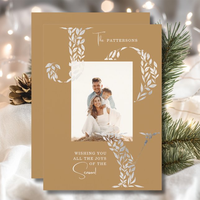 Cartão De Festividades Joy Elegant Christmas Floral Typoographic Photo (Criador carregado)