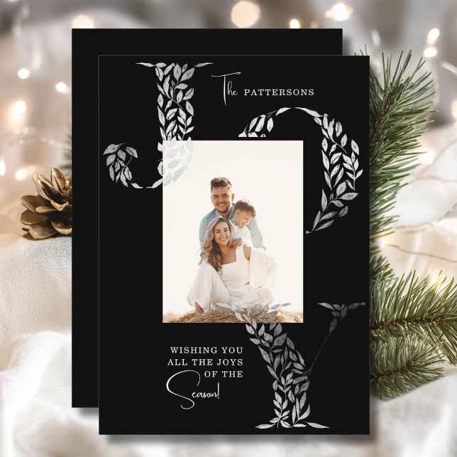 Cartão De Festividades Joy Elegant Christmas Floral Typoographic Photo (Criador carregado)