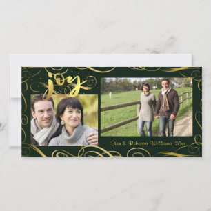 Cartão De Festividades JOY, Elegant Gold Flourish on Changeable Evergreen