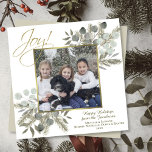 Cartão De Festividades Joy! Elegant Sage & Gold Winter Greenery w/ Photo<br><div class="desc">This elegant square shaped holiday card features your photo in a gold faux foil frame surrounded by rustic sprigs of winter greenery including pine branches and eucalyptus leaves. The caption reads: Joy! and there is space for a short greeting as well as the year, and a signature. The hand painted...</div>