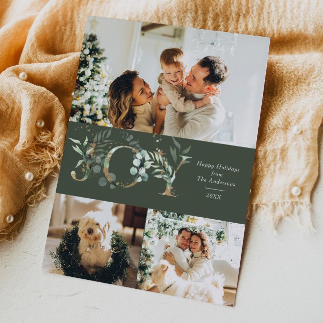 Cartão De Festividades JOY Elegante 3 Fotos Dourado Verde (Criador carregado)