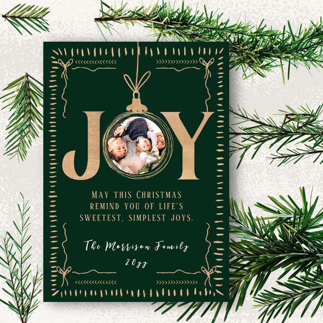 Cartão De Festividades JOY Evergreen Gold Accents Classy Christmas Photo (JOY Evergreen Gold Accents Classy Christmas Photo Holiday Card)