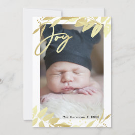 Cartão De Festividades Joy Family Foto Dourada de Natal Botânico Branco
