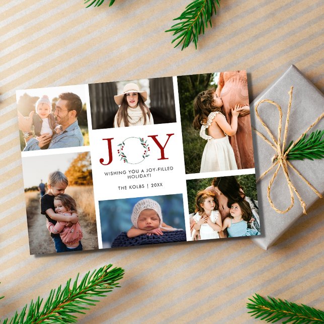 Cartão De Festividades Joy Family Photo Collage Natal moderno (Joy Family Photo Collage Modern Christmas Holiday Card)
