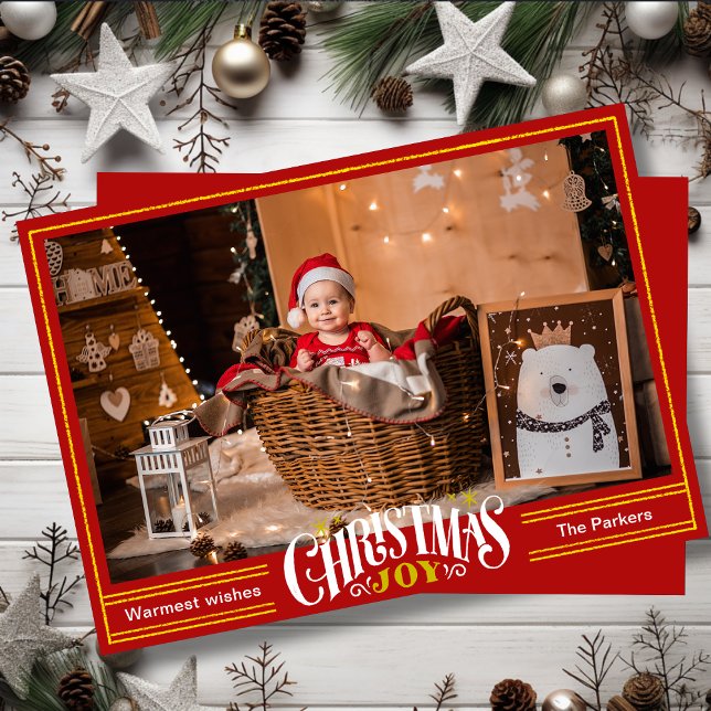 Cartão De Festividades JOY Fession Red Script Simples Foto Natal (Criador carregado)