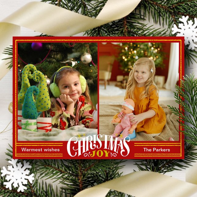 Cartão De Festividades JOY Fession Red Script Simples Foto Natal (Criador carregado)