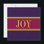 Cartão De Festividades JOY Festivo Colorido Vermelho Borgonha Roxo Listra<br><div class="desc">Este design chique de temporada de férias apresenta listras finas douradas e marrons destacando o texto moderno "JOY" dentro de uma larga faixa central vermelha borgonha adjacente a faixas externas roxas profundas.</div>