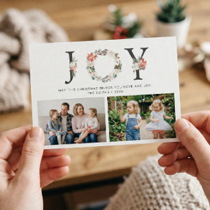 Cartão De Festividades JOY Floral Wreath Holly Berries 2 Fotografias Nata
