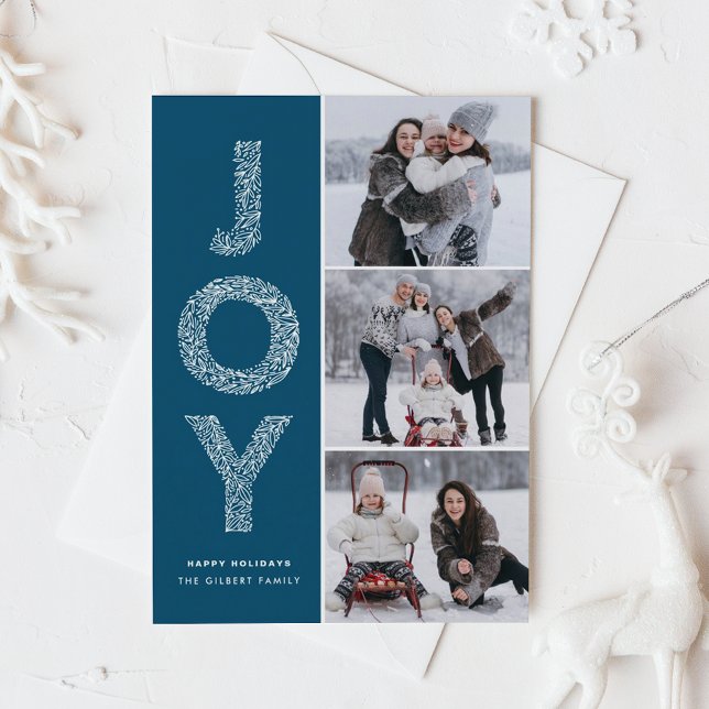 Cartão De Festividades JOY Foliage Lettering Blue Photo Collage (JOY Foliage Lettering Blue Three Photo Collage Holiday Card)