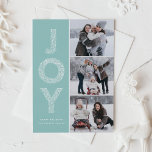 Cartão De Festividades Joy Foliage Lettering Light Blue Photo Collage<br><div class="desc">Envie Cartões de natal com este cartão de feriado personalizável. Apresenta a tipografia decorativa de folhagem de JOY. Personalize este cartão de feriado moderno adicionando seus detalhes. Este cartão de Natal para colagem de fotos está disponível em outras cores e estoque de papelão.</div>