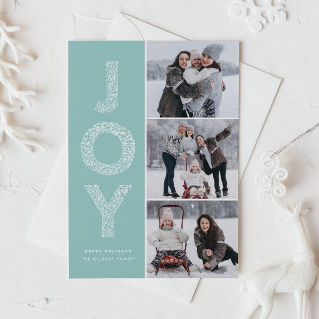 Cartão De Festividades Joy Foliage Lettering Light Blue Photo Collage (Criador carregado)