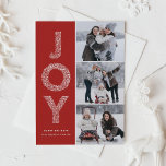 Cartão De Festividades JOY Foliage Lettering Red Photo Collage<br><div class="desc">Cartão plano de colagem de fotos do Natal Vermelho com a inscrição de folhagem JOY | Enviar Cartões de natal com este cartão com fotos de feriado caprichoso. Apresenta a tipografia decorativa de folhagem JOY e o padrão festivo. Personalize adicionando nomes,  mensagens e fotos.</div>