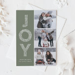 Cartão De Festividades JOY Foliage Lettering Taupe Green Photo Collage<br><div class="desc">Celebre a temporada com nosso cartão de Natal personalizável de três colagens fotográficas, maravilhosamente projetado para espalhar alegria de férias. Apresentando a palavra "JOY" em tipografia foliar elegante contra um fundo verde sereno, esta carta é perfeita para mostrar suas memórias festivas favoritas. Personalize este cartão de Natal de colagem de...</div>