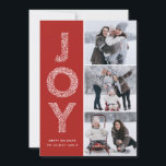 Cartão De Festividades Joy Foliage Typografia Red Christmas Photo Collage<br><div class="desc">Cartão plano de colagem de fotos de Natal Vermelho com Tipografia Foliage | Enviar Cartões de natal com este cartão com fotos de feriado caprichoso. Apresenta a tipografia decorativa de folhagem JOY e o padrão festivo. Você pode mudar o padrão para outra foto ou uma imagem branca se quiser que...</div>