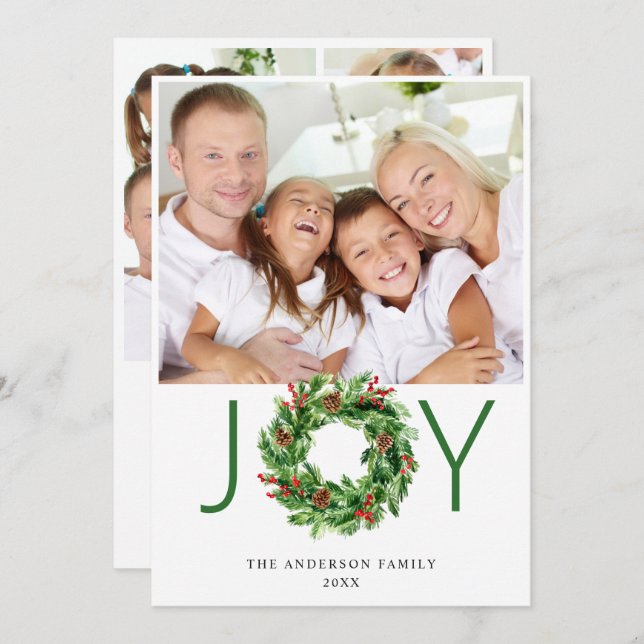 Cartão De Festividades Joy Holly Berry Pine Wreath 4 FOTO Saudação (Frente/Verso)