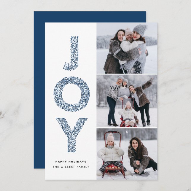 Cartão De Festividades JOY Lettering Blue Christmas Photo Collage (Frente/Verso)