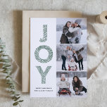 Cartão De Festividades JOY Lettering Green Christmas Photo Collage<br><div class="desc">Cartão plano de colagem de fotos de Natal verde com letra de folhagem de JOY Foliage | Enviar Cartões de natal com este cartão com fotos de férias moderno e caprichoso. Apresenta a tipografia decorativa de folhagem JOY e o padrão festivo. Personalize adicionando nomes,  mensagens e fotos.</div>