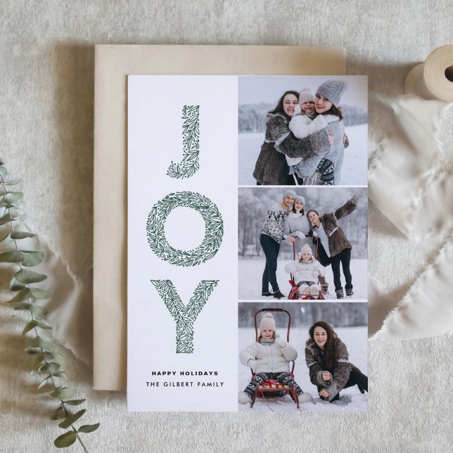 Cartão De Festividades JOY Lettering Green Christmas Photo Collage (JOY Foliage Lettering Green Christmas Three Photo Collage Holiday Card)