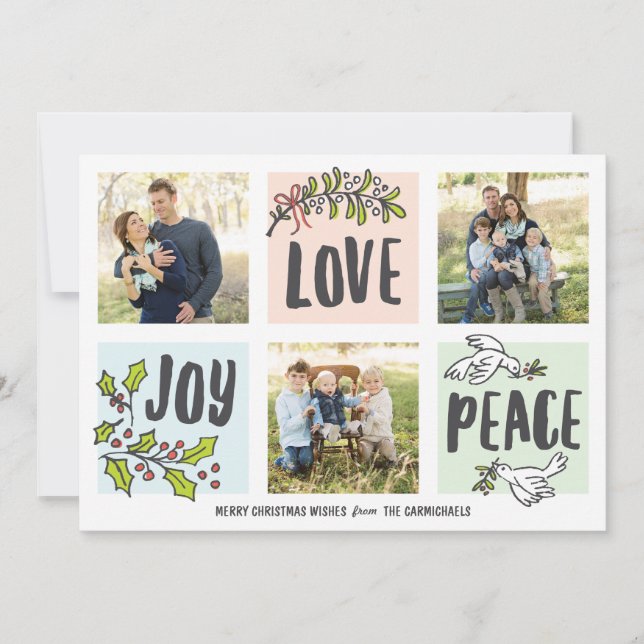 Cartão De Festividades Joy Love e Peace Three Photo Holiday Card (Frente)