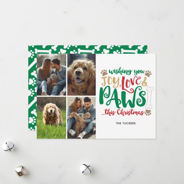 Cartão De Festividades Joy Love Paws Christmas Dog Green 4-Photo (Frente/Verso In Situ)