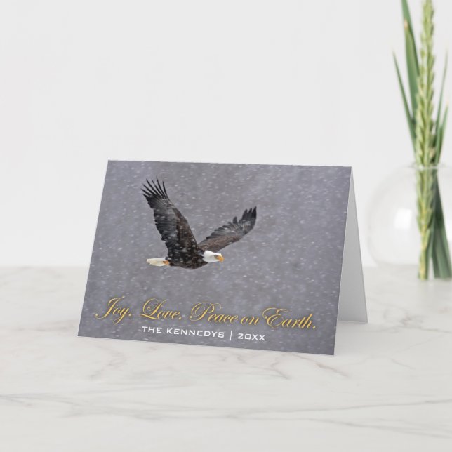 Cartão De Festividades Joy Love Peace - Bald Eagle Flying in Snowstorm (Frente)