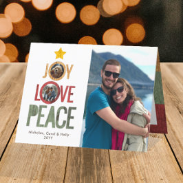 Cartão De Festividades Joy Love Peace Rustic 3 Photo Christmas Tree