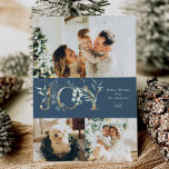 Cartão De Festividades JOY Modern 3 Foto Dourada Verde Azul<br><div class="desc">Cartão Elegante de 3 fotos,  com aparência limpa e moderna,  com gráficos dourados e verdes,  com padrão botânico de ouro de inverno.</div>