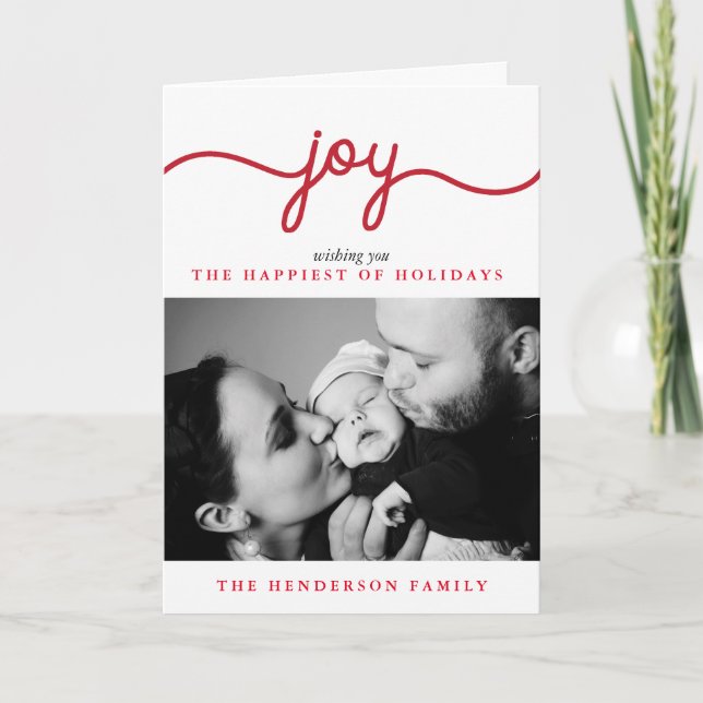 Cartão De Festividades Joy Modern Script Christmas Photo Greeting Card (Frente)