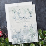 Cartão De Festividades Joy no Natal Snowy Winter Forest e Stag<br><div class="desc">Alegria no Natal,  cartão de férias personalizado de aquarela com floresta de inverno nevada e assado em tons suaves de azul e verde. A redação diz "desejar que você se divirta no Natal" e você pode personalizar o texto restante. Design de aquarela sutil e elegante com tipografia decorativa.</div>