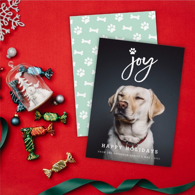 Cartão De Festividades Joy Paw Print Brush Script Dog Lover Photo Pet (Criador carregado)