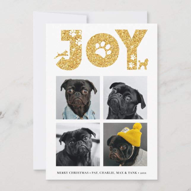 Cartão De Festividades JOY Paws Dourado | Pet Aproxima Quatro Colagem Fot (Frente)