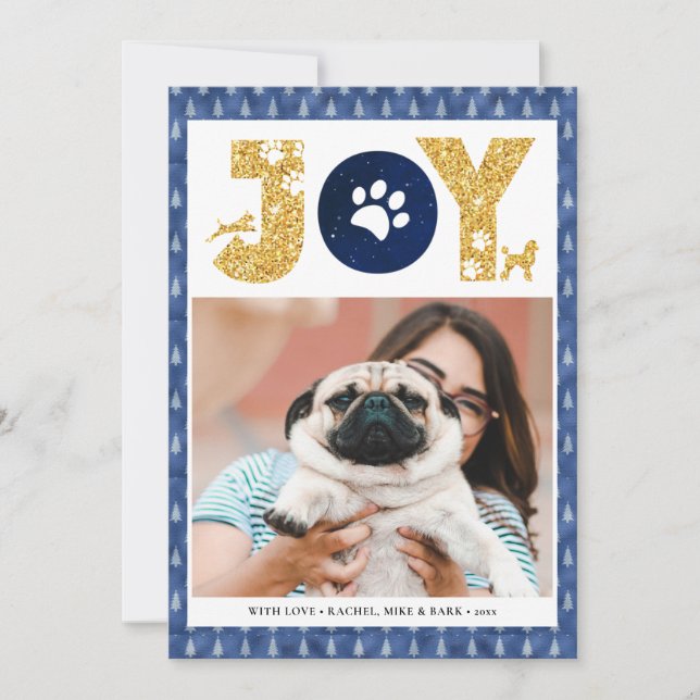 Cartão De Festividades JOY Paws Dourado | Pet Lover Pine Tree In Blue (Frente)