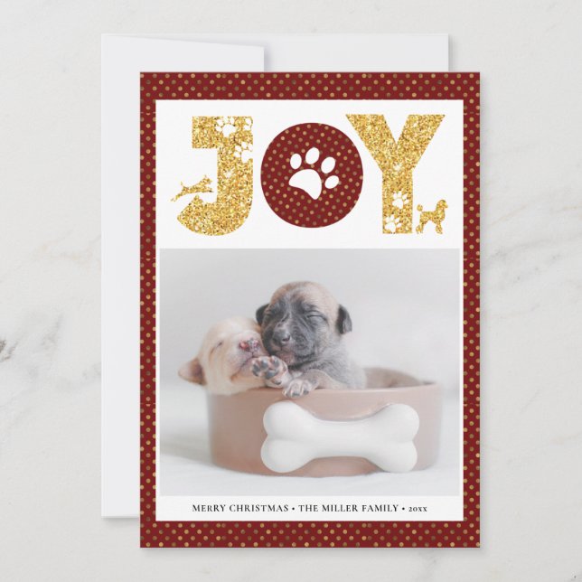 Cartão De Festividades JOY Paws Dourado | Pet Lover Ponto Dourado Vermelh (Frente)