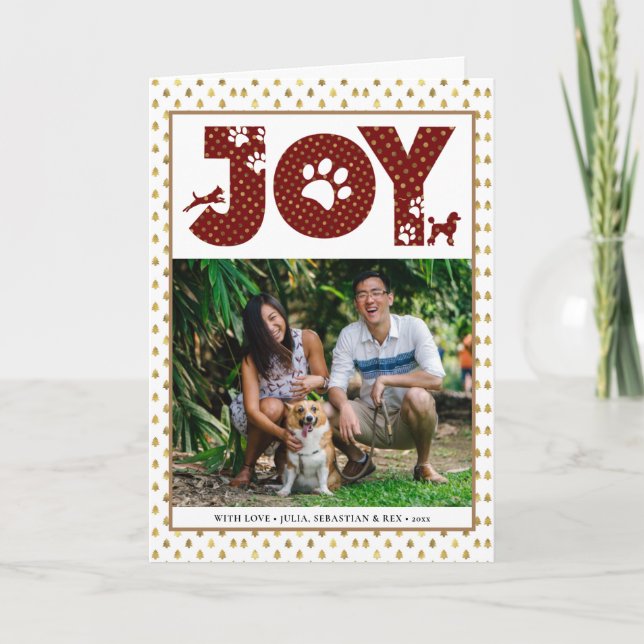 Cartão De Festividades JOY Paws Dourado | Pet Lover Ponto Dourado Vermelh (Frente)