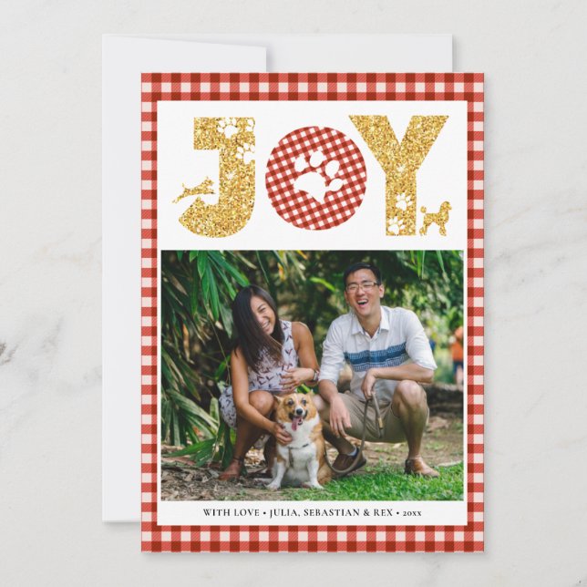 Cartão De Festividades JOY Paws Dourado | Pet Lover Red Buffalo Xadrez (Frente)