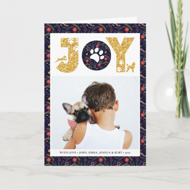 Cartão De Festividades JOY Paws Dourado | Pet Lovers Floral (Frente)