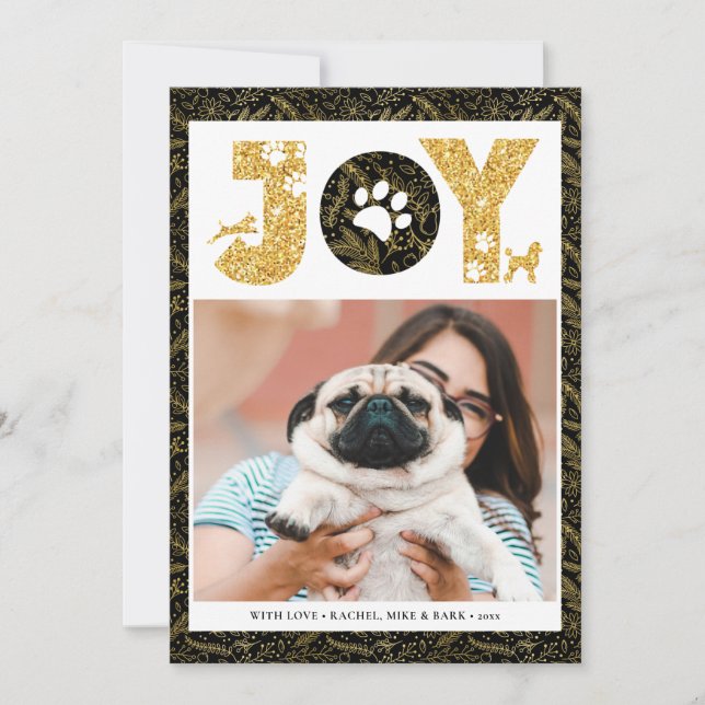 Cartão De Festividades JOY Paws Dourado | Pet Lovers Pine Bough Dourado (Frente)