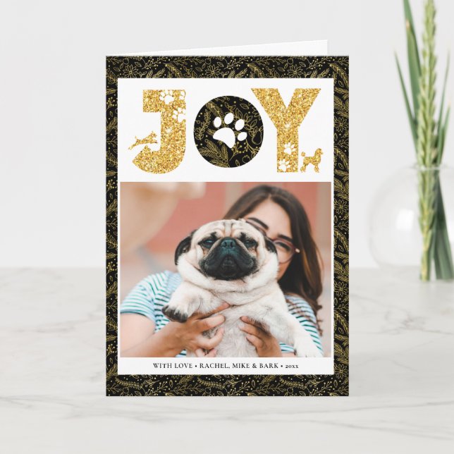 Cartão De Festividades JOY Paws Dourado | Pet Lovers Pine Bough Dourado (Frente)