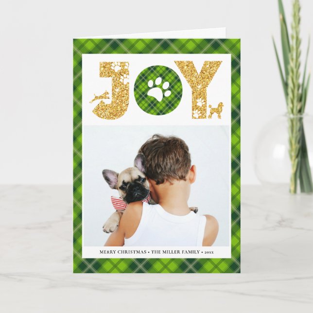 Cartão De Festividades JOY Paws Dourado | Pet Lovers Xadrez de Tartan Fes (Frente)