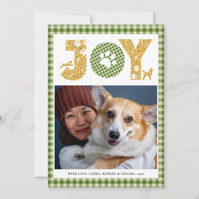 Cartão De Festividades JOY Paws Dourado | Pet Lovers Xadrez Verde Buffalo (Frente)