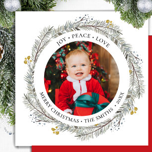 Cartão De Festividades JOY PEACE AMVE Red Dourado Berry Pine Wreath