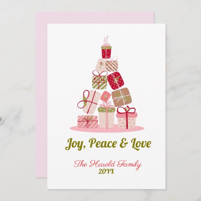Cartão De Festividades Joy Peace e Love Christmas Tree Card (Frente/Verso)