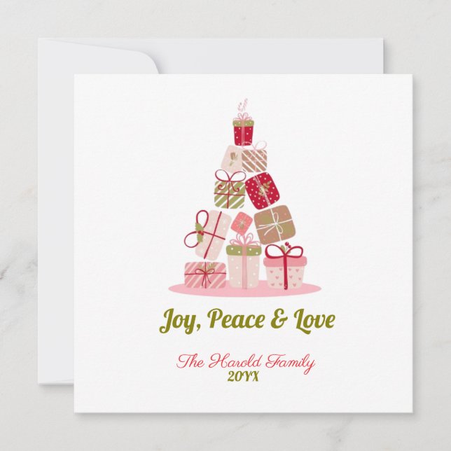 Cartão De Festividades Joy Peace e Love Christmas Tree Card (Frente)