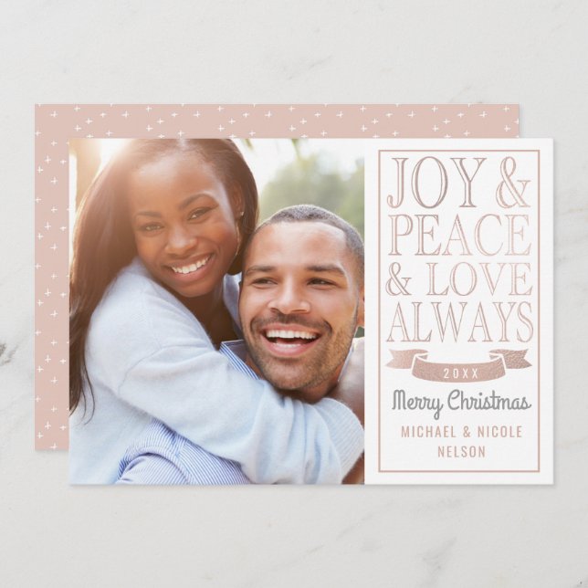 Cartão De Festividades Joy & Peace & Love Always | Rosa Dourado Faux Foil (Frente/Verso)